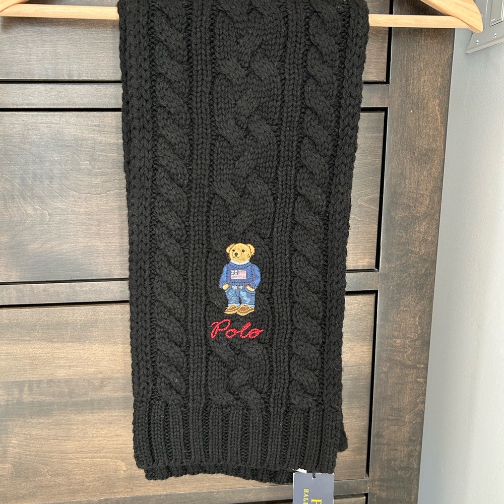 Polo by Ralph Lauren Black Cable Knit Scarf with Bear Embroidery